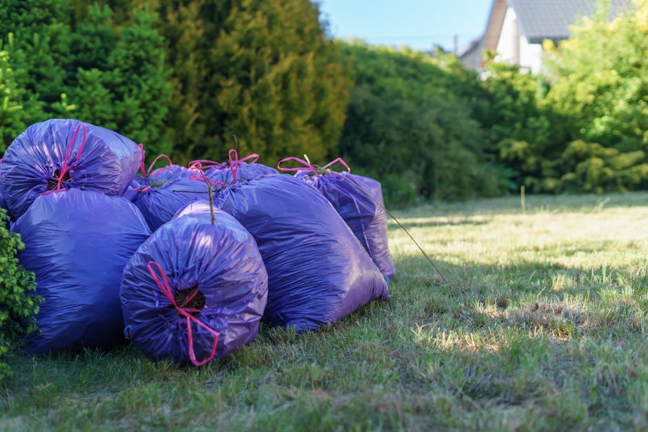 A grassy garden area with a mix of lush green trees and shrubs in the background, illuminated by bright, natural sunlight. In the foreground, there are several tightly packed purple plastic waste bags